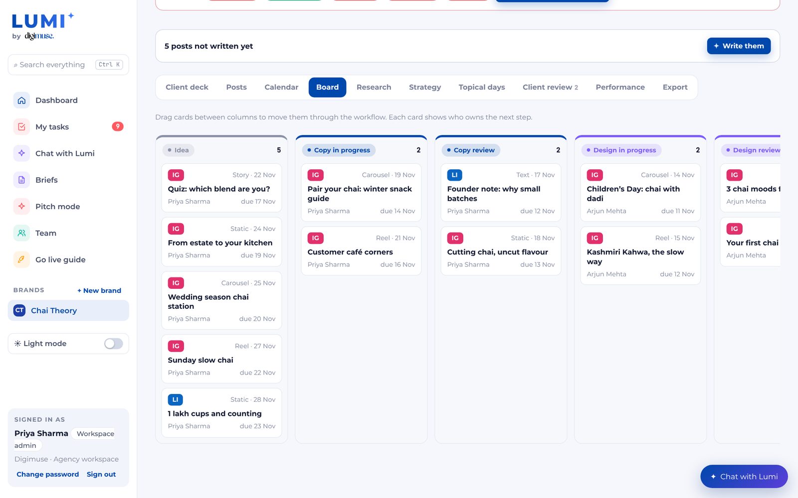 Workflow board with posts in copy, design, client review and approved columns