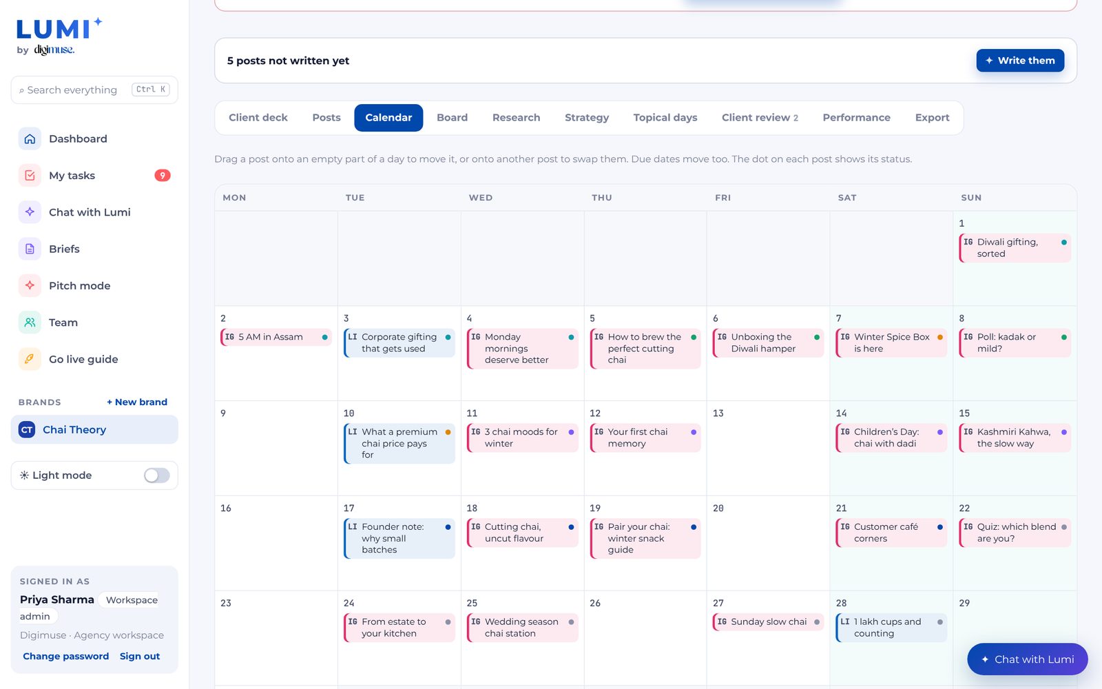 Calendar view of a month of posts with topical days