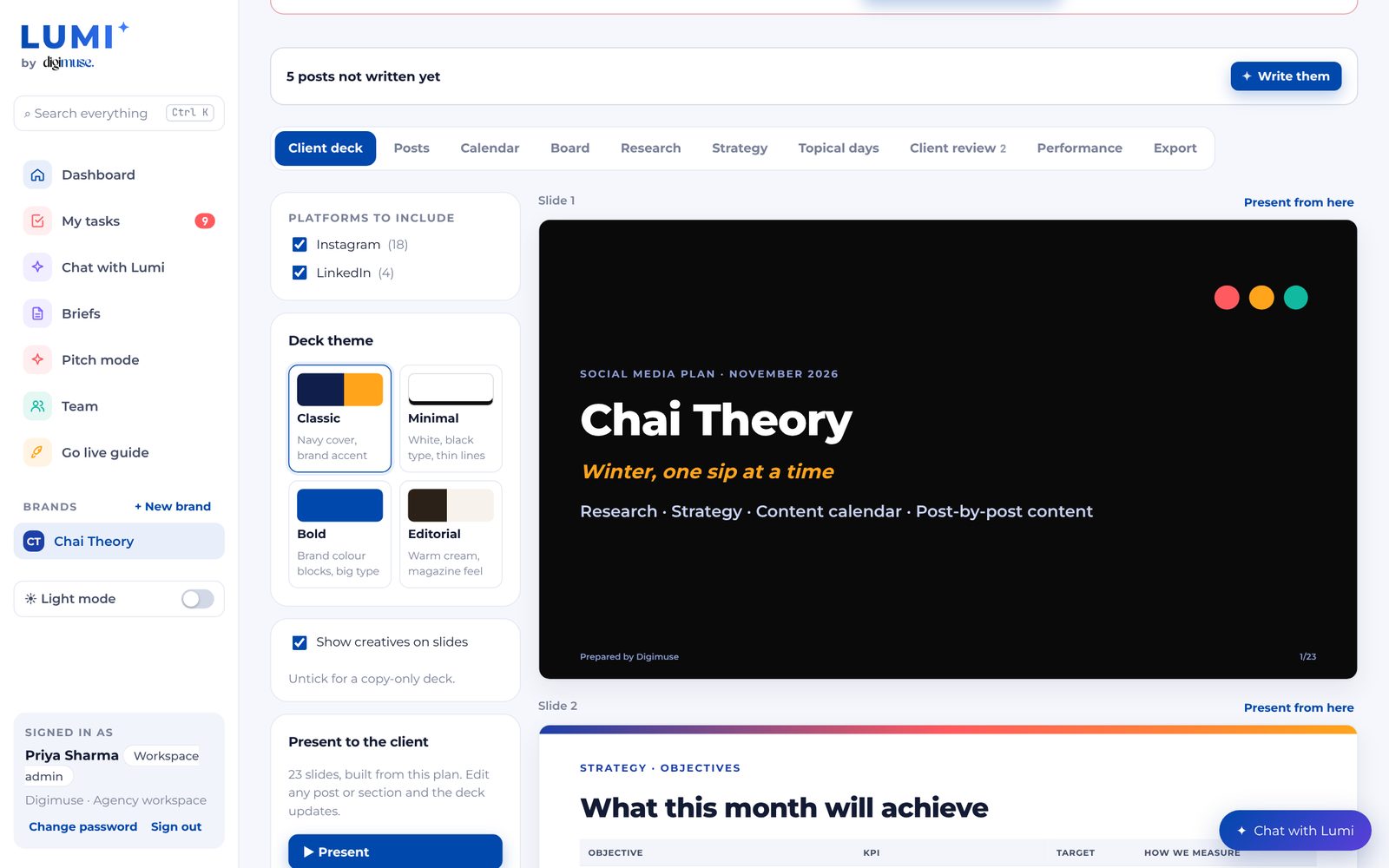 Client deck showing the month’s plan for a sample brand