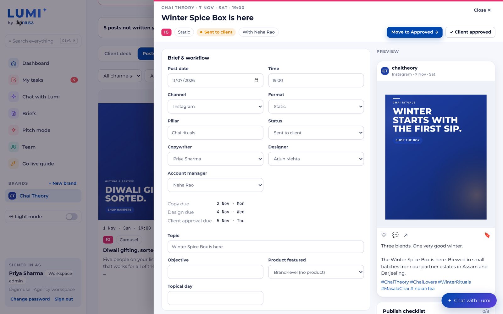 A post open with its creative, caption, hashtags and design controls
