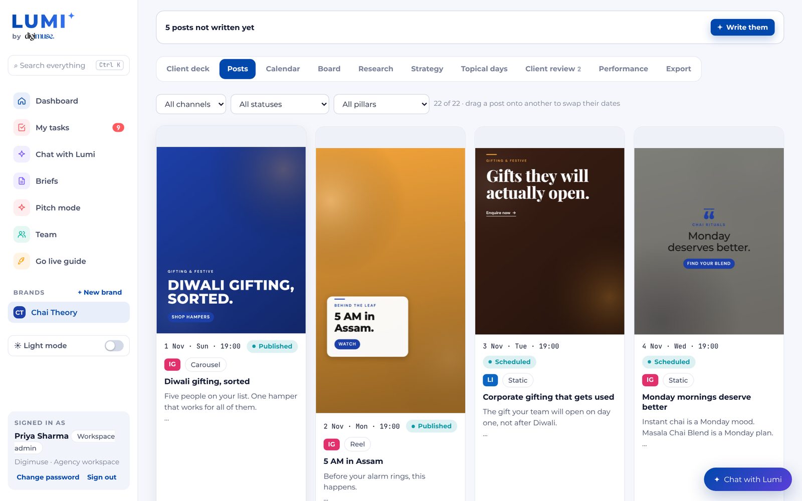A month of posts for a sample brand, each with a designed creative, caption and status